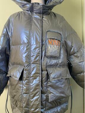 KISDEI Metallic Blue Puffer Jacket NWT S Oversized Survival Bandana Liner Flaw